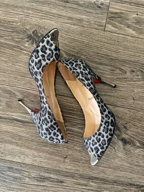 Christian Louboutin Grey Leopard Print Peep-Toe Stiletto Heels